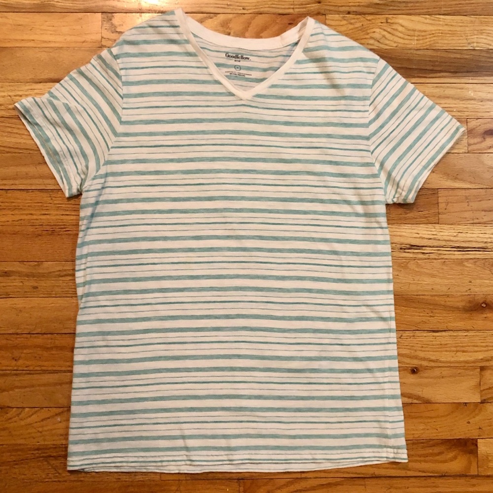 White V-neck t-shirt with blue/green stripes, medium - Picture 2 of 5